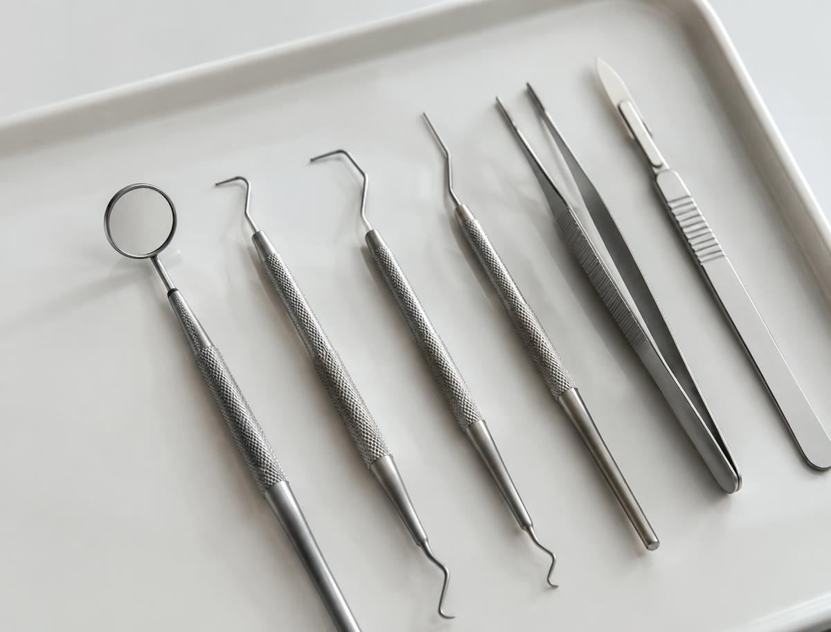 Neatly arranged sterile dental instruments on a clean tray