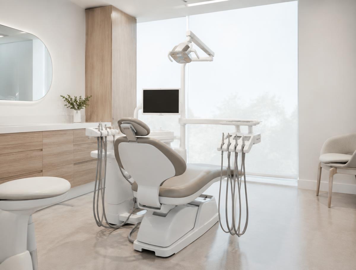 Minimalist dental treatment room with pale wood cabinetry and daylight