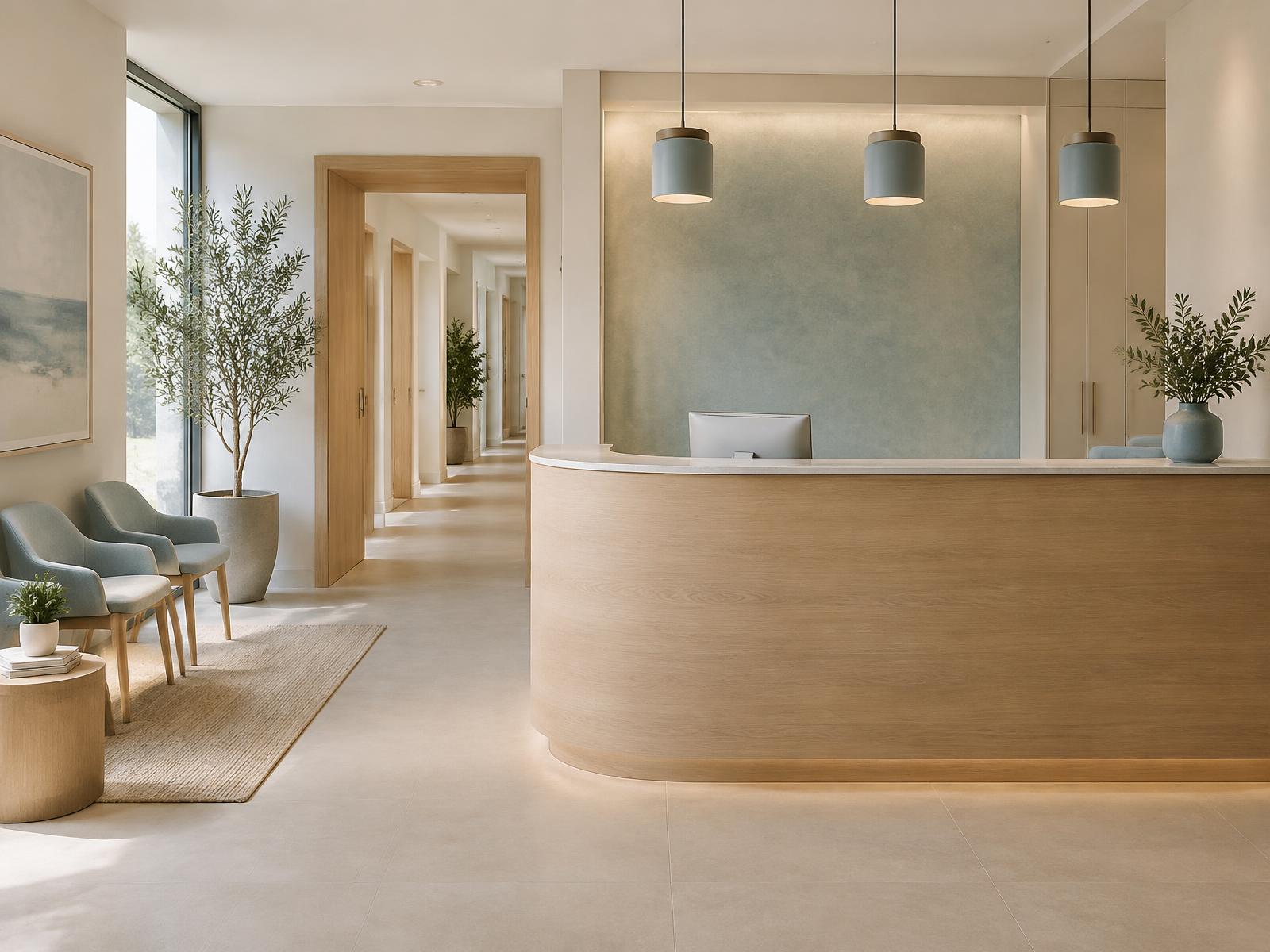 Calm, modern dental clinic reception area with warm wood and soft daylight